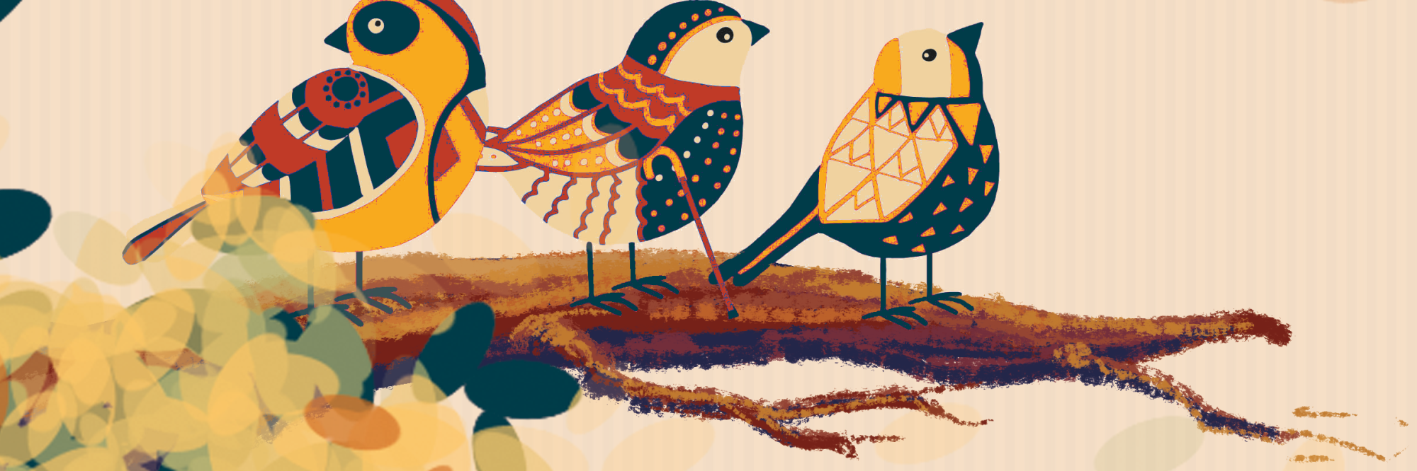 Illustration of three patterned birds perched on a branch, one leaning on a walking stick
